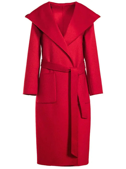 Hooded Wool Wrap Coat, Red - Branna Couture