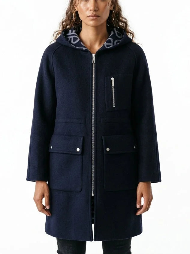 Double-Breasted Hooded Grey Short Wool Coat - Small / Navy - Coats