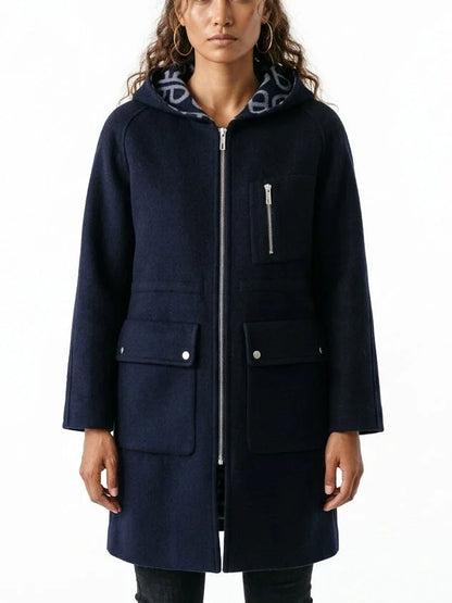 Double-Breasted Hooded Grey Short Wool Coat - Small / Navy - Coats