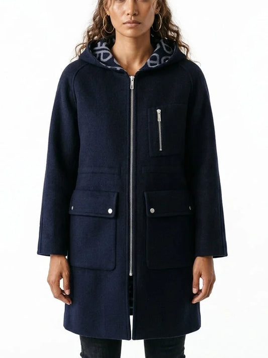 Double-Breasted Hooded Grey Short Wool Coat - Small / Navy - Coats
