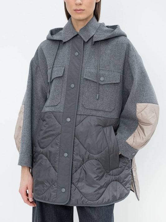 Hooded Color-Block Padded Grey Wool Oversize Jacket - Jackets