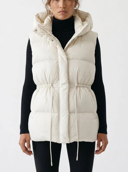 Hooded Down Puffer Vest with Drawstring Waist - S / Cream - Jackets