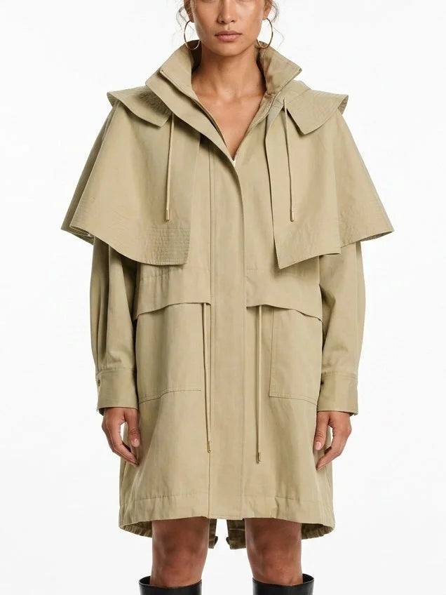 Hooded High-Neck Cape Coat with Drawstrings - Small - Coats