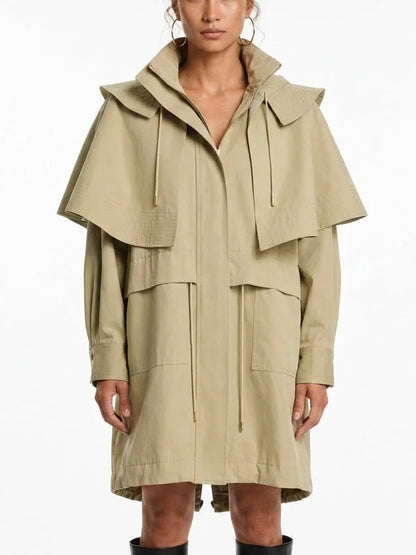 Hooded High-Neck Cape Coat with Drawstrings - Small - Coats