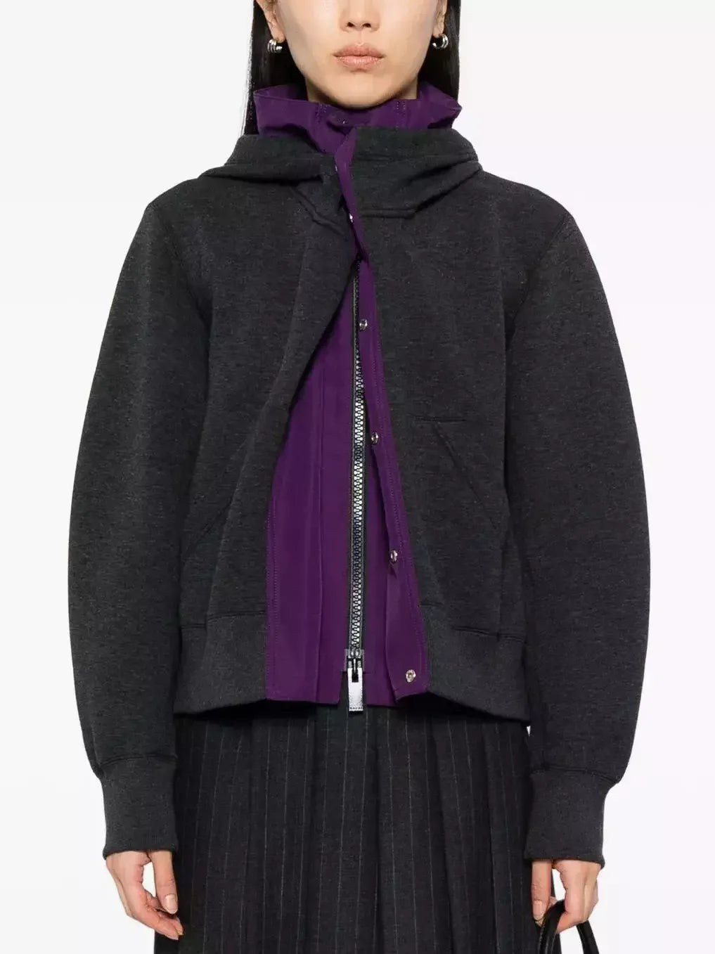 Hooded Layered-Look Front-Zip Sweatshirt - Small / Grey - Tops