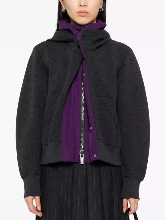 Hooded Layered-Look Front-Zip Sweatshirt - Small / Grey - Tops