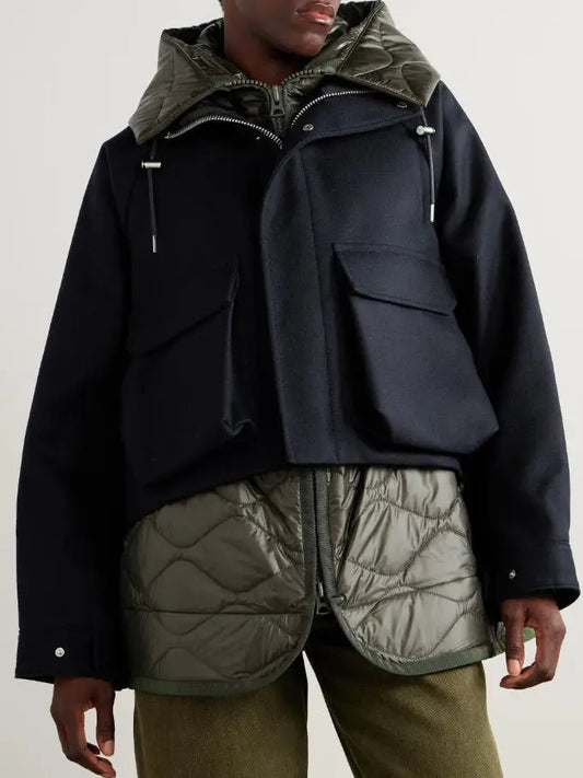 Hooded Quilted Panel Jacket in Navy and Green - Small - Jackets