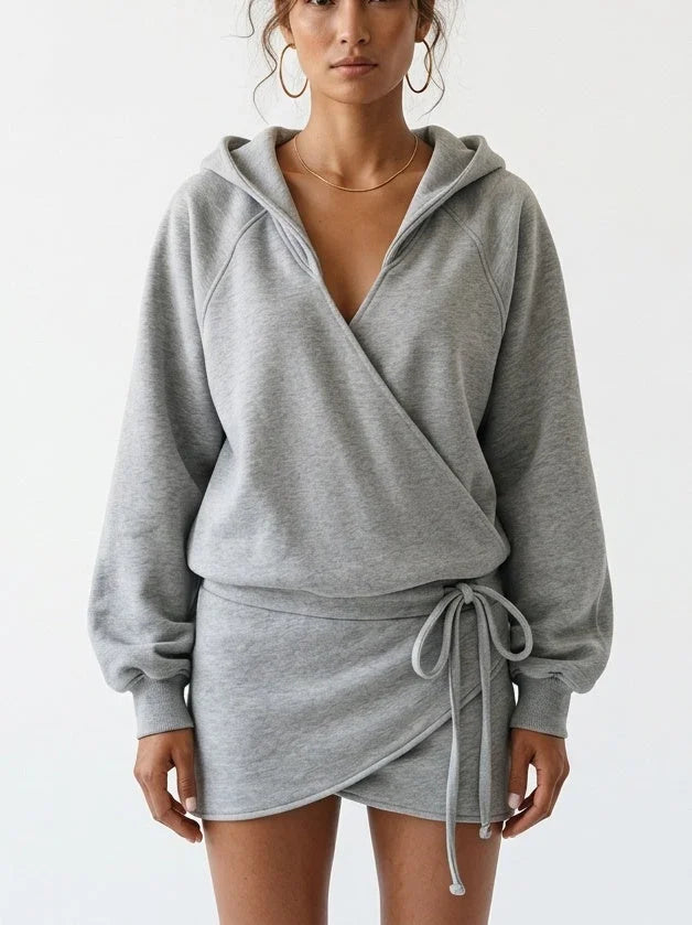Hooded Wrap Front Drawstring Sweatshirt Mini Dress - Small / Grey - Dresses