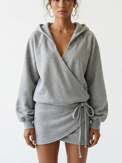 Hooded Wrap Front Drawstring Sweatshirt Mini Dress - Small / Grey - Dresses
