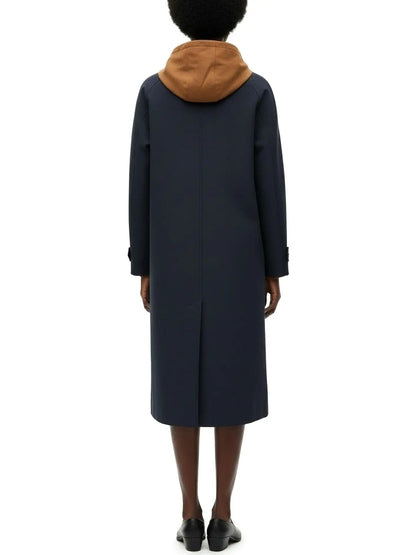Hooded Button-Front Midi Coat with Contrast Lining - Coats