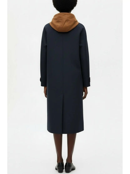 Hooded Button-Front Midi Coat with Contrast Lining - Coats