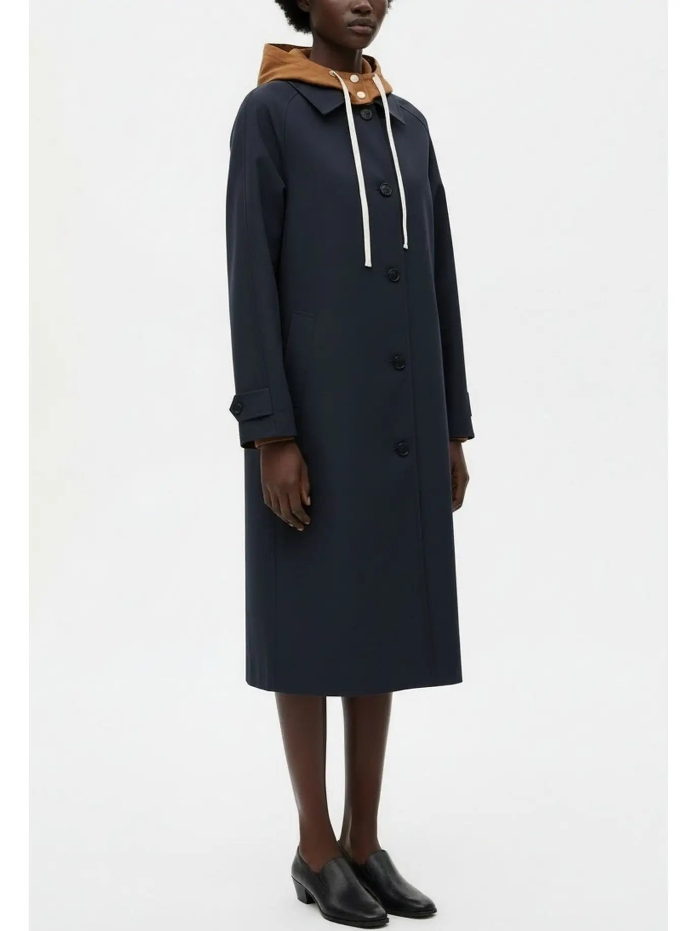 Hooded Button-Front Midi Coat with Contrast Lining - Coats