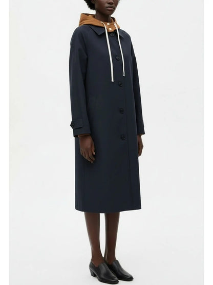 Hooded Button-Front Midi Coat with Contrast Lining - Coats