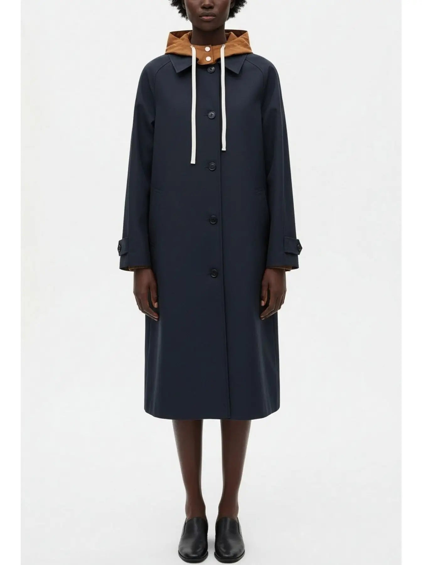 Hooded Button-Front Midi Coat with Contrast Lining - Coats