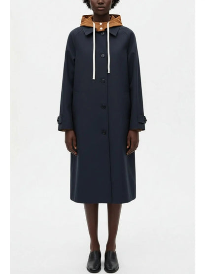 Hooded Button-Front Midi Coat with Contrast Lining - Coats
