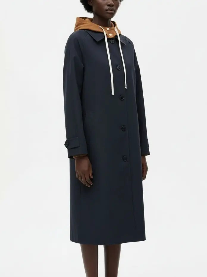 Hooded Button-Front Midi Coat with Contrast Lining - Coats