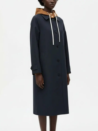 Hooded Button-Front Midi Coat with Contrast Lining - Coats