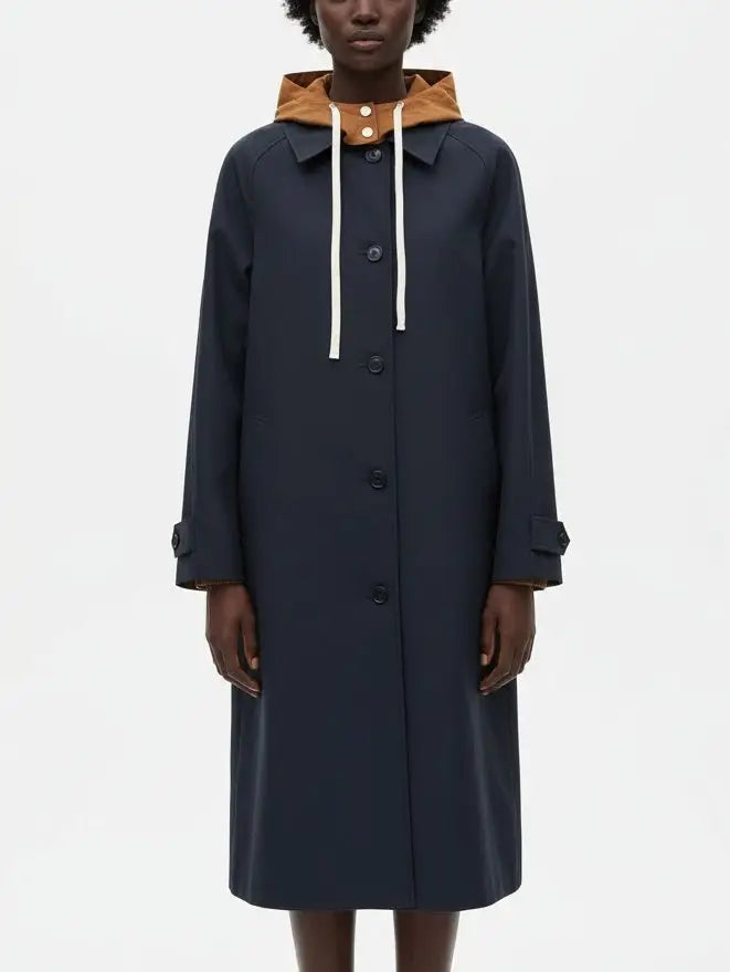 Hooded Button-Front Midi Coat with Contrast Lining - Coats