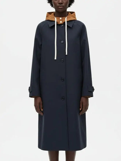 Hooded Button-Front Midi Coat with Contrast Lining - Coats
