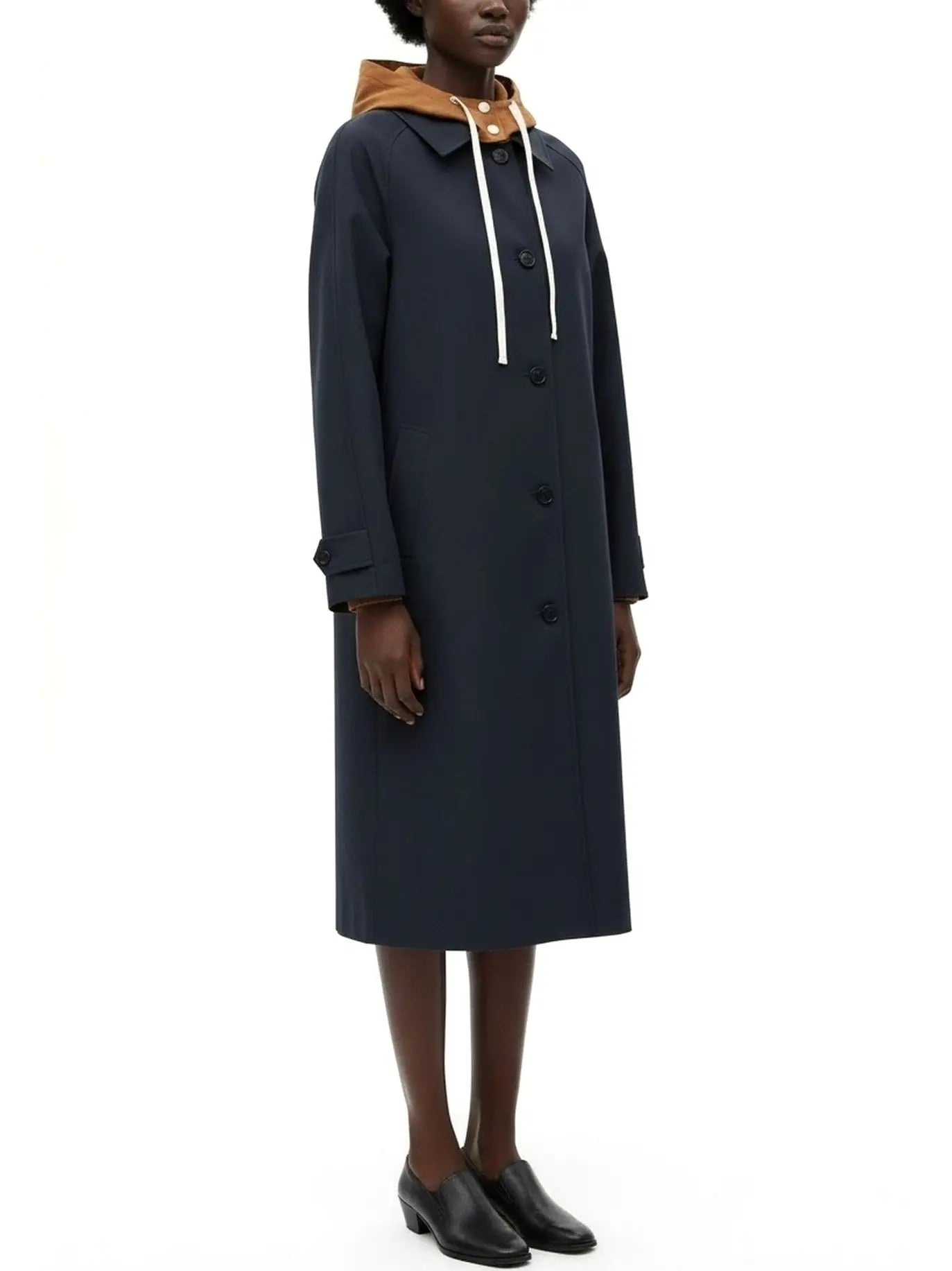 Hooded Button-Front Midi Coat with Contrast Lining - Coats