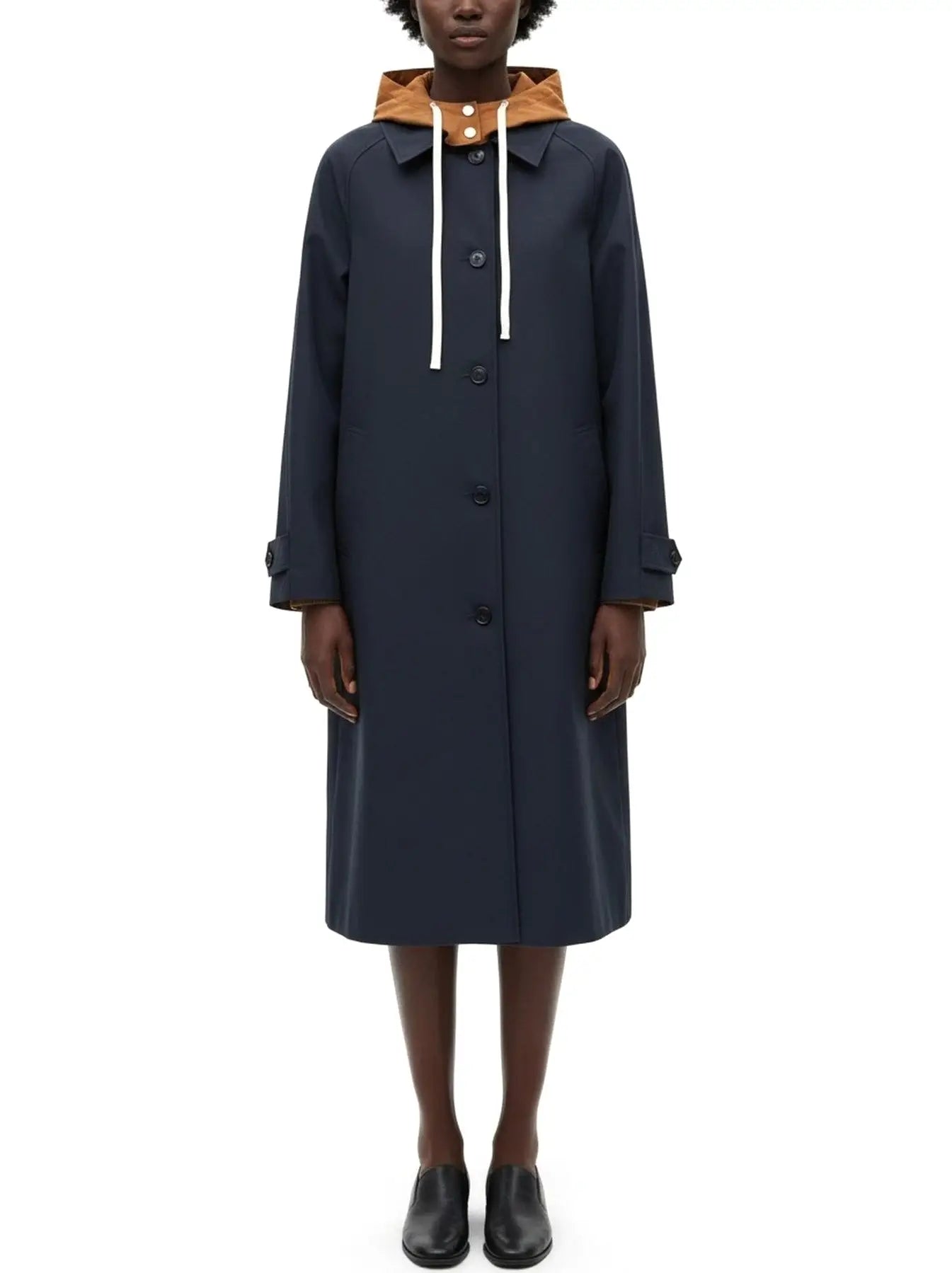 Hooded Button-Front Midi Coat with Contrast Lining - Small - Coats