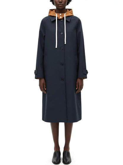 Hooded Button-Front Midi Coat with Contrast Lining - Small - Coats