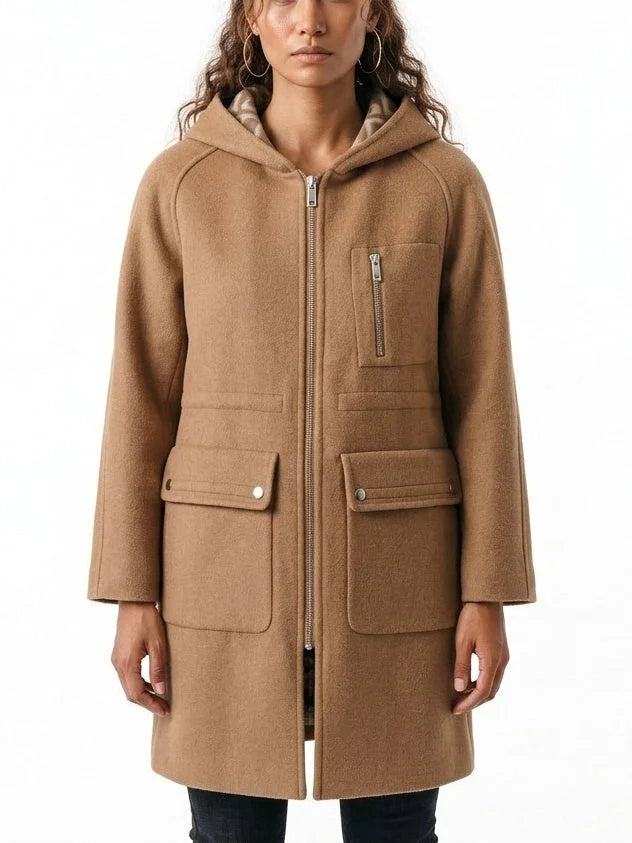 Double-Breasted Hooded Grey Short Wool Coat - Coats
