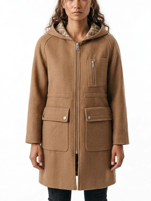 Double-Breasted Hooded Grey Short Wool Coat - Small / Camel - Coats