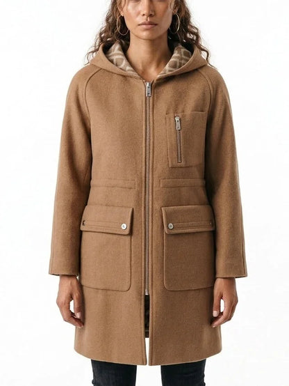 Double-Breasted Hooded Grey Short Wool Coat - Small / Camel - Coats