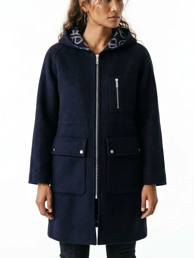 Double-Breasted Hooded Grey Short Wool Coat - Coats