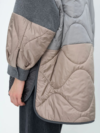 Hooded Color-Block Padded Grey Wool Oversize Jacket - Jackets