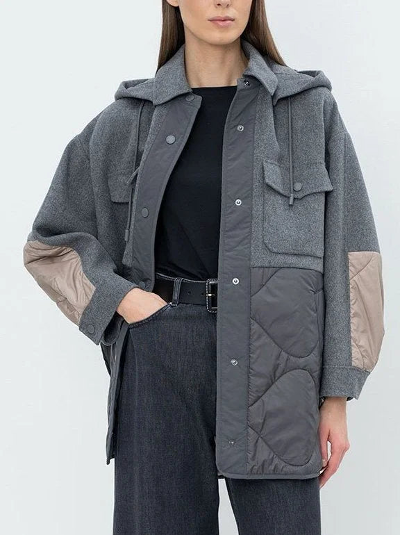 Hooded Color-Block Padded Grey Wool Oversize Jacket - Jackets