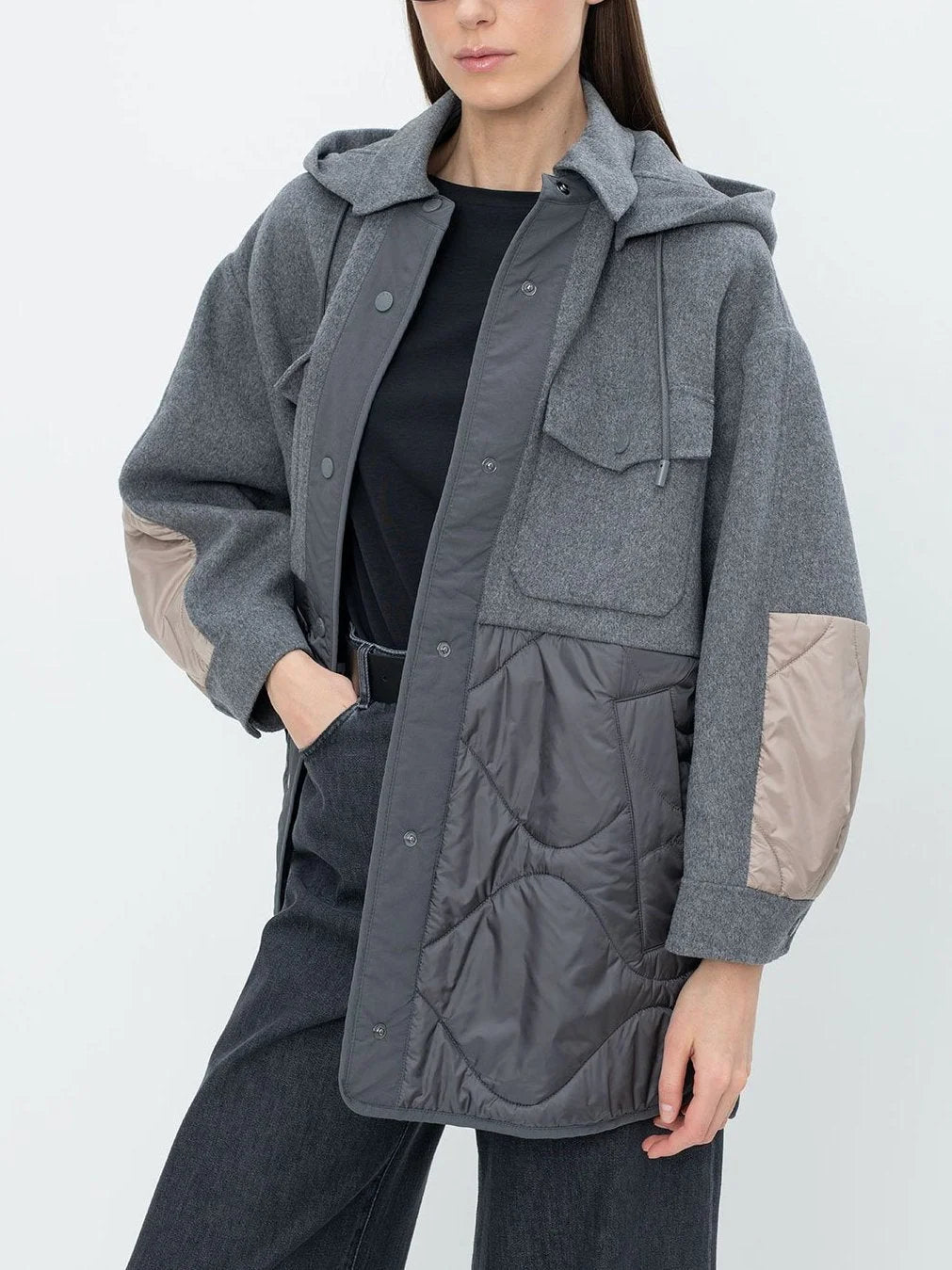 Hooded Color-Block Padded Grey Wool Oversize Jacket - Jackets
