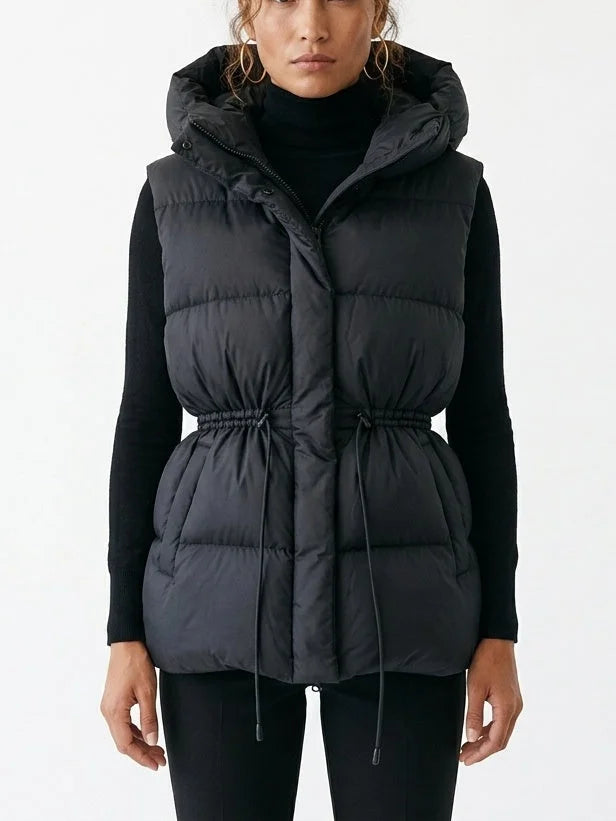 Hooded Down Puffer Vest with Drawstring Waist - S / Black - Jackets