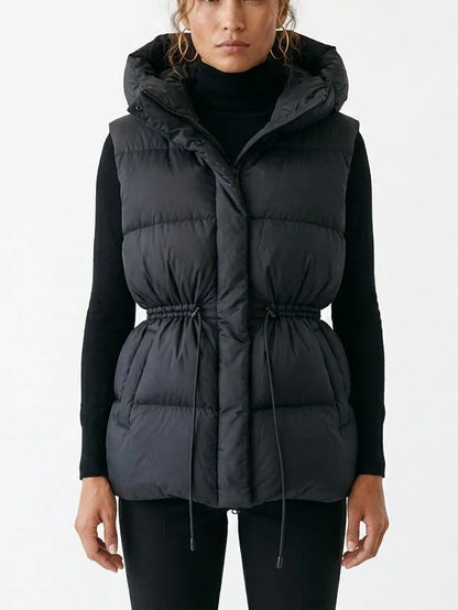 Hooded Down Puffer Vest with Drawstring Waist - S / Black - Jackets