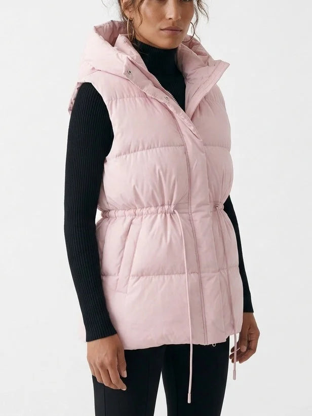 Hooded Down Puffer Vest with Drawstring Waist - Jackets