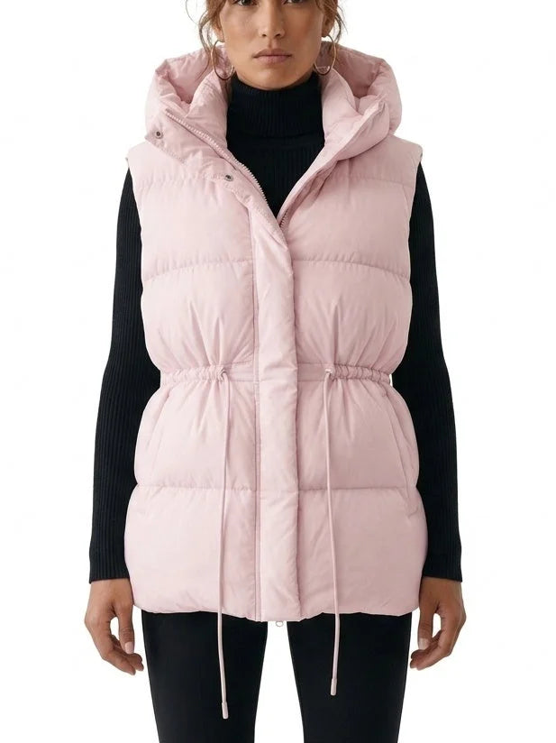 Hooded Down Puffer Vest with Drawstring Waist - S / Pink - Jackets
