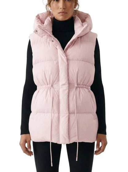 Hooded Down Puffer Vest with Drawstring Waist - S / Pink - Jackets