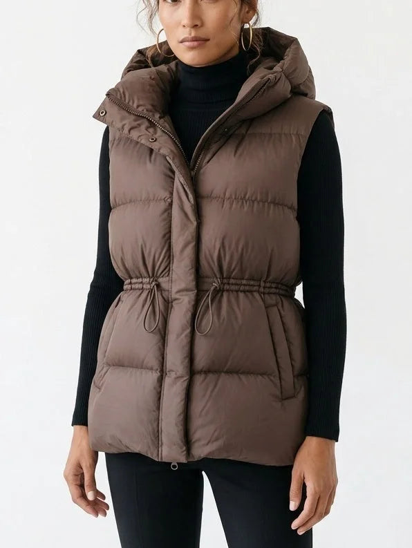 Hooded Down Puffer Vest with Drawstring Waist - Jackets