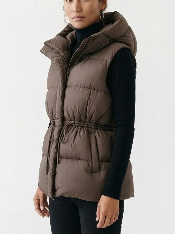 Hooded Down Puffer Vest with Drawstring Waist - Jackets
