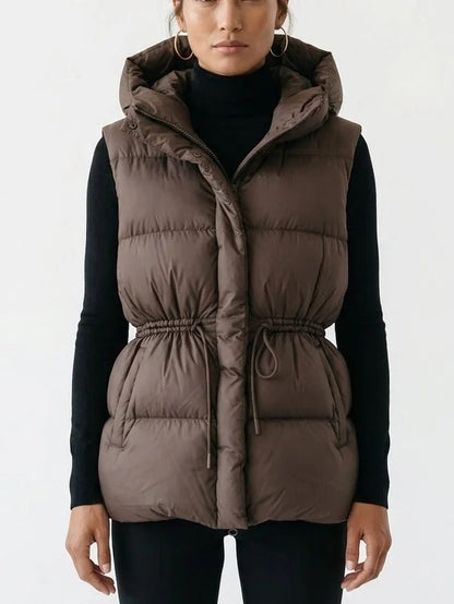 Hooded Down Puffer Vest with Drawstring Waist - S / Brown - Jackets