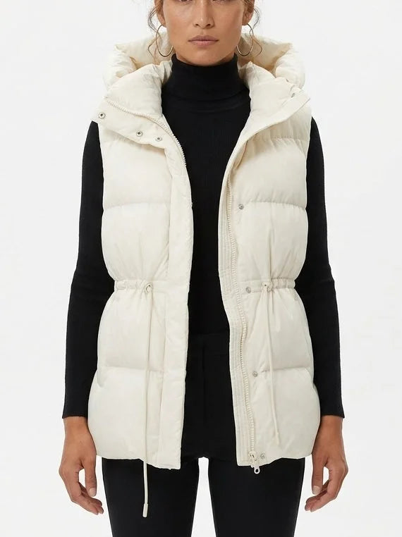 Hooded Down Puffer Vest with Drawstring Waist - Jackets