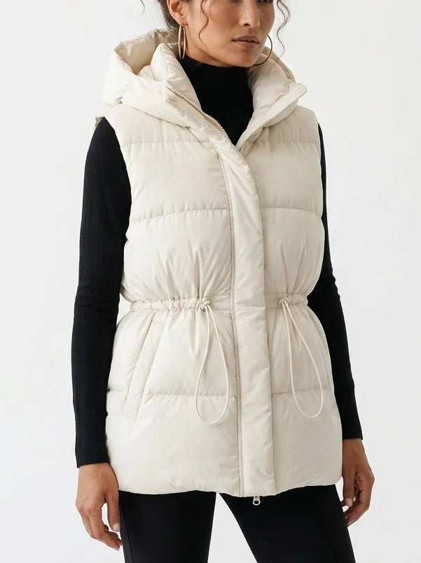 Hooded Down Puffer Vest with Drawstring Waist - Jackets