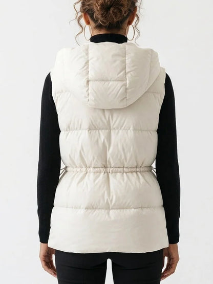 Hooded Down Puffer Vest with Drawstring Waist - Jackets