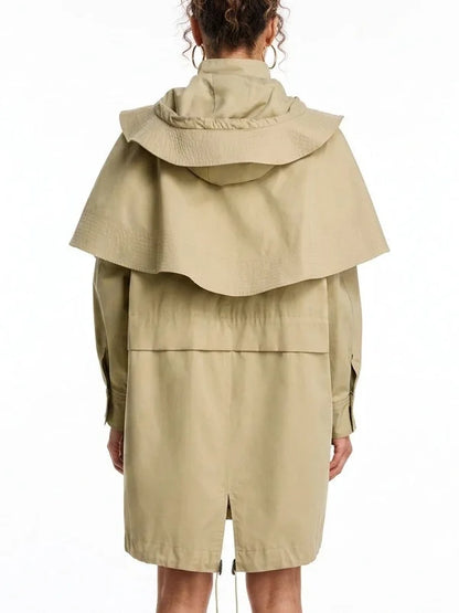 Hooded High-Neck Cape Coat with Drawstrings - Coats