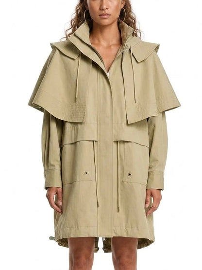 Hooded High-Neck Cape Coat with Drawstrings - Coats