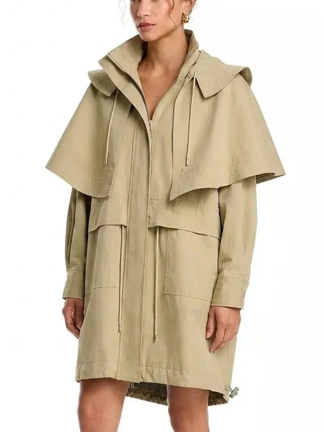 Hooded High-Neck Cape Coat with Drawstrings - Coats
