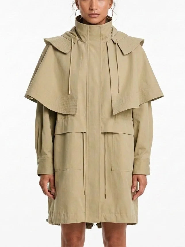 Hooded High-Neck Cape Coat with Drawstrings - Coats
