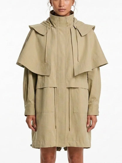 Hooded High-Neck Cape Coat with Drawstrings - Coats