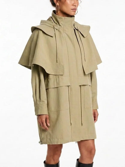 Hooded High-Neck Cape Coat with Drawstrings - Coats